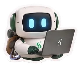 Sherpa mascot working on a laptop